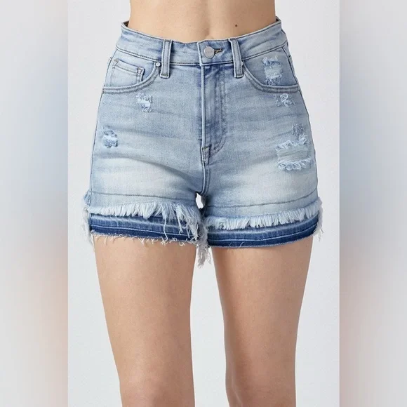 High Rise Patched Hem Denim Shorts - Risen - Picture 1 of 5